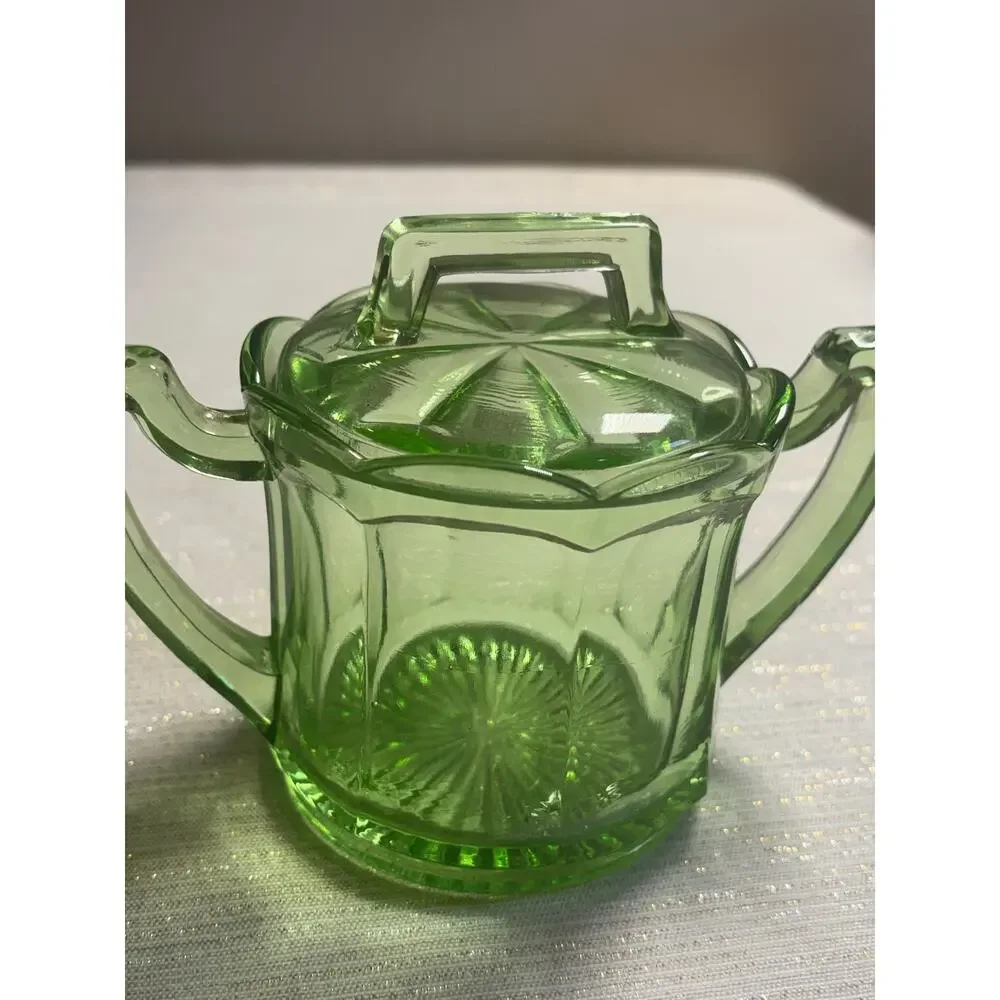 Vintage 1930s Green Depression Glass Creamer With Lid Anchor Hocking Colonial!